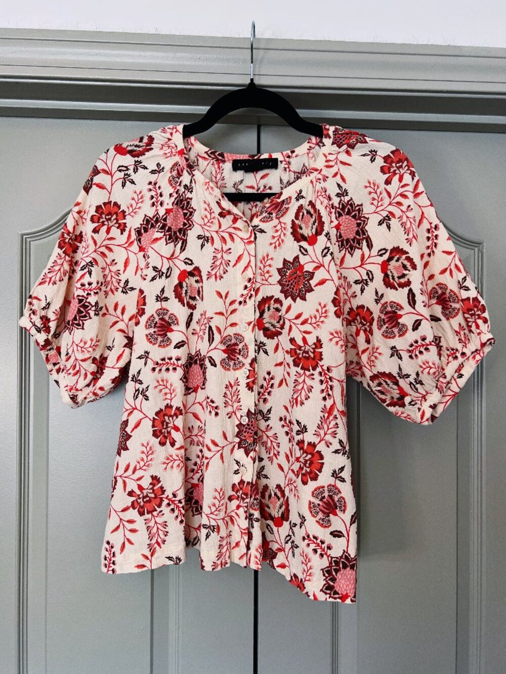 Sanctuary Red Floral Blouse Cottagecore Boho Top Puff Sleeve Size M - Picture 2 of 7